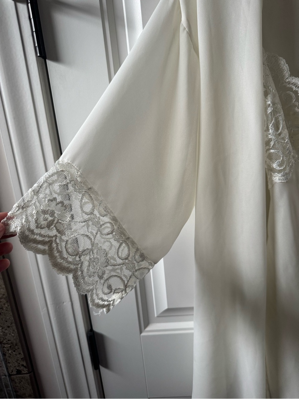Silk-Feel Ivory Lace Trim Robe and Chemise Set - Picture 2 of 5